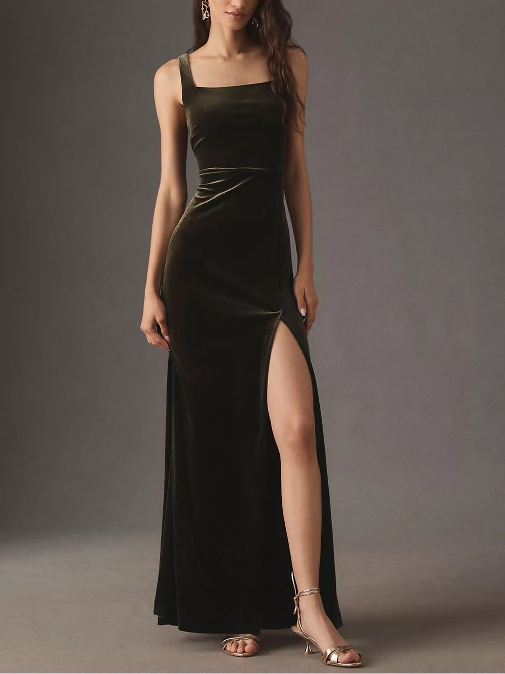 BHLDN Blake Square-Neck Stretch Velvet Maxi Olive Green Dress